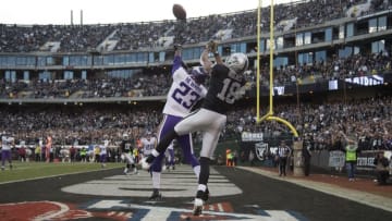 November 15, 2015; Oakland, CA, USA; Minnesota Vikings cornerback Terence Newman (23) intercepts the football intended for Oakland Raiders wide receiver Andre Holmes (18) during the fourth quarter at O.co Coliseum. The Vikings defeated the Raiders 30-14. Mandatory Credit: Kyle Terada-USA TODAY Sports