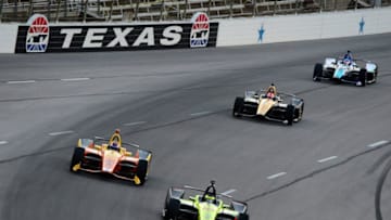 FORT WORTH, TX - JUNE 09: Sebastian Bourdais, driver of the #18 Team SealMaster Honda, leads a pack of cars during the Verizon IndyCar Series DXC Technology 600 at Texas Motor Speedway on June 9, 2018 in Fort Worth, Texas. (Photo by Robert Laberge/Getty Images)