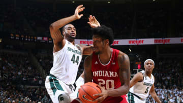 EAST LANSING, MI - FEBRUARY 02: De'Ron Davis #20 of the Indiana Hoosiers drives to the basket and draws a foul from Nick Ward #44 of the Michigan State Spartans in the second half at Breslin Center on February 2, 2019 in East Lansing, Michigan. (Photo by Rey Del Rio/Getty Images)