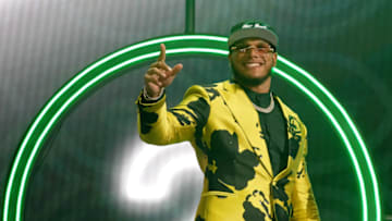 Apr 28, 2022; Las Vegas, NV, USA; Florida State defensive end Jermaine Johnson after being selected as the twenty-sixth overall pick to the New York Jets during the first round of the 2022 NFL Draft at the NFL Draft Theater. Mandatory Credit: Kirby Lee-USA TODAY Sports