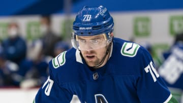 VANCOUVER, BC - MARCH 08: Tanner Pearson #70 of the Vancouver Canucks during NHL hockey action against the Montreal Canadiens at Rogers Arena on March 8, 2021 in Vancouver, Canada. (Photo by Rich Lam/Getty Images)