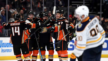 ANAHEIM, CALIFORNIA - OCTOBER 16: Jakob Silfverberg #33 of the Anaheim Ducks celebrates his empty net goal with his teammates, to tkae a 5-2 lead over the Buffalo Sabres, during the third period in a 5-2 Ducks win at Honda Center on October 16, 2019 in Anaheim, California. (Photo by Harry How/Getty Images)