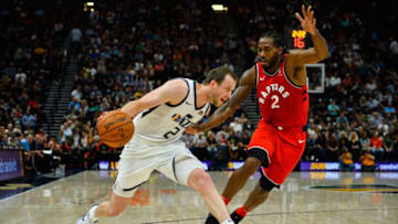SALT LAKE CITY, UT - OCTOBER 02: Joe Ingles (2) of the Utah Jazz attempts to drive past Kawhi Leonard (2) of the Toronto Raptors during a game at Vivint Smart Home Arena on October 2, 2018 in Salt Lake City, Utah. (Photo by Alex Goodlett/Getty Images)
