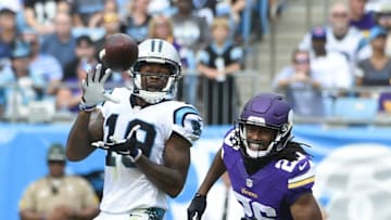 Sep 25, 2016; Charlotte, NC, USA; Carolina Panthers wide receiver Ted Ginn (19) catches the ball as Minnesota Vikings cornerback Trae Waynes (26) defends in the second quarter at Bank of America Stadium. Mandatory Credit: Bob Donnan-USA TODAY Sports