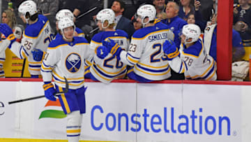 Apr 17, 2022; Philadelphia, Pennsylvania, USA; Buffalo Sabres left wing Victor Olofsson (71) celebrates his goal with teammates against the Philadelphia Flyers during the second period at Wells Fargo Center. Mandatory Credit: Eric Hartline-USA TODAY Sports