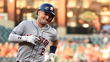 BALTIMORE, MD - AUGUST 10: Alex Bregman #2 of the Houston Astros rounds the bases after hitting a two-run home run during the first inning against the Baltimore Orioles at Oriole Park at Camden Yards on August 10, 2019 in Baltimore, Maryland. (Photo by Will Newton/Getty Images)