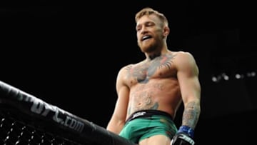 December 12, 2015; Las Vegas, NV, USA; Conor McGregor celebrates his championship victory against Jose Aldo during UFC 194 at MGM Grand Garden Arena. Mandatory Credit: Gary A. Vasquez-USA TODAY Sports