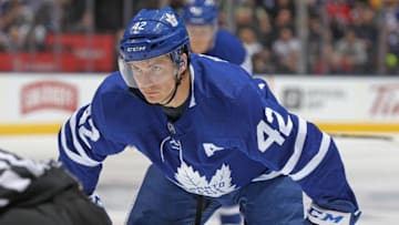 TORONTO, ON - MARCH 17: Tyler Bozak #42 of the Toronto Maple Leafs gets set for a faceoff against the Montreal Canadiens during an NHL game at the Air Canada Centre on March 17, 2018 in Toronto, Ontario, Canada. The Maple Leafs defeated the Canadiens 4-0. (Photo by Claus Andersen/Getty Images)