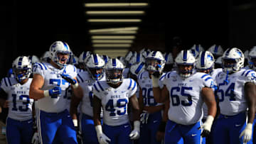 CHAPEL HILL, NORTH CAROLINA - OCTOBER 26: The Duke Blue Devils prepare to run onto the field before their game against the North Carolina Tar Heels at Kenan Stadium on October 26, 2019 in Chapel Hill, North Carolina. (Photo by Streeter Lecka/Getty Images)