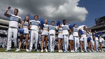 Sep 17, 2016; Chapel Hill, NC, USA; North Carolina Tar Heels cheerleaders perform at Kenan Memorial Stadium. Mandatory Credit: Bob Donnan-USA TODAY Sports