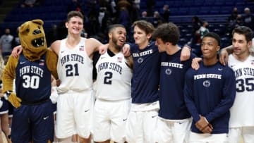 Feb 15, 2022; University Park, Pennsylvania, USA; Penn State Nittany Lion players sing their alma mater following the game against the Michigan State Spartans at Bryce Jordan Center. Penn State defeated Michigan State 62-58. Mandatory Credit: Matthew OHaren-USA TODAY Sports