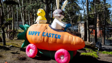 ZEPHYR COVE, NV - APRIL 6: A large grouping of inflatable Easter cartoon characters greet visitors to a private housing development along Highway 50 on April 6, 2022, near Zephyr Cove, Nevada. Though record rain and snow fell in December, California's water woes continue with much of the state in a "exceptional" or "extreme" drought situation for a third straight year. (Photo by George Rose/Getty Images)
