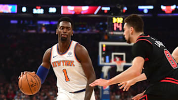 NEW YORK, NEW YORK - OCTOBER 28: Bobby Portis #1 of the New York Knicks brings the ball up court against Zach LaVine #8 of the Chicago Bulls in the first half at Madison Square Garden on October 28, 2019 in New York City. NOTE TO USER: User expressly acknowledges and agrees that, by downloading and or using this Photograph, user is consenting to the terms and conditions of the Getty Images License Agreement. (Photo by Emilee Chinn/Getty Images)