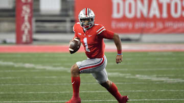 COLUMBUS, OH - NOVEMBER 7: Quarterback Justin Fields #1 of the Ohio State Buckeyes runs with the ball against the Rutgers Scarlet Knights at Ohio Stadium on November 7, 2020 in Columbus, Ohio. (Photo by Jamie Sabau/Getty Images)