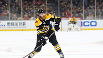 BOSTON, MASSACHUSETTS - JANUARY 10: Kevan Miller #86 of the Boston Bruins takes a shot against the Washington Capitals during the first period at TD Garden on January 10, 2019 in Boston, Massachusetts. (Photo by Maddie Meyer/Getty Images)