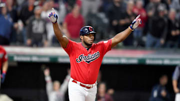 CLEVELAND, OHIO - SEPTEMBER 18: Yasiel Puig #66 of the Cleveland Indians celebrates after hitting a walk-off RBI single to deep right during the tenth inning against the Detroit Tigers at Progressive Field on September 18, 2019 in Cleveland, Ohio. The Indians defeated the Tigers 2-1 in ten innings. (Photo by Jason Miller/Getty Images)