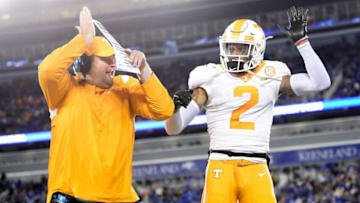 Tennessee Head Coach Josh Heupel celebrates a touchdown by Tennessee defensive back Alontae Taylor (2) during an SEC football game between Tennessee and Kentucky at Kroger Field in Lexington, Ky. on Saturday, Nov. 6, 2021.Kns Tennessee Kentucky Football