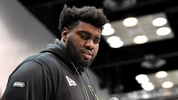 INDIANAPOLIS, INDIANA - FEBRUARY 26: Mekhi Becton #OL05 of Louisville interviews during the second day of the 2020 NFL Scouting Combine at Lucas Oil Stadium on February 26, 2020 in Indianapolis, Indiana. (Photo by Alika Jenner/Getty Images)