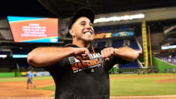 Sep 9, 2016; Miami, FL, USA; Miami Marlins starting pitcher Jose Fernandez (16) celebrates their 4-1 win over the Los Angeles Dodgers at Marlins Park. Mandatory Credit: Steve Mitchell-USA TODAY Sports