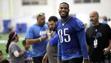 Jul 29, 2016; Allen Park, MI, USA; Detroit Lions tight end Eric Ebron (85) smiles after practice at the Detroit Lions Training Facility. Mandatory Credit: Raj Mehta-USA TODAY Sports