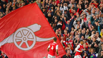 LONDON, ENGLAND - OCTOBER 30: Reiss Nelson of Arsenal celebrates after scoring their team's second goal during the Premier League match between Arsenal FC and Nottingham Forest at Emirates Stadium on October 30, 2022 in London, England. (Photo by Justin Setterfield/Getty Images)
