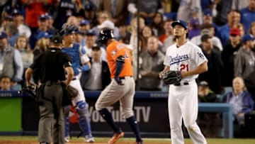 LOS ANGELES, CA - NOVEMBER 01: Yu Darvish #21 of the Los Angeles Dodgers reacts after George Springer #4 of the Houston Astros hit a two-run home run during the second inning in game seven of the 2017 World Series at Dodger Stadium on November 1, 2017 in Los Angeles, California. (Photo by Christian Petersen/Getty Images)