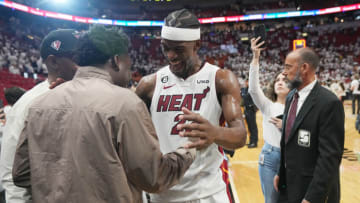 May 12, 2023; Miami, Florida, USA; Miami Heat forward Jimmy Butler (22) celebrates a victory over the New York Knicks in game six of the 2023 NBA playoffs at Kaseya Center. Mandatory Credit: Jim Rassol-USA TODAY Sports
