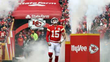 KANSAS CITY, MISSOURI - DECEMBER 29: Quarterback Patrick Mahomes #15 of the Kansas City Chiefs runs out of the tunnel as he is introduced prior to the game against the Los Angeles Chargers at Arrowhead Stadium on December 29, 2019 in Kansas City, Missouri. (Photo by Jamie Squire/Getty Images)