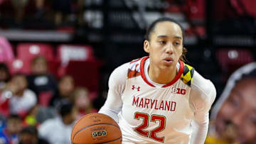 COLLEGE PARK, MD - NOVEMBER 16: Maryland Terrapins guard Blair Watson (22) on the attack during a women's college basketball game between the Maryland Terrapins and the Niagara Purple Eagles on November 16, 2017, at Xfinity Center, in College Park, Maryland.Maryland defeated Niagara 92-65.(Photo by Tony Quinn/Icon Sportswire via Getty Images)