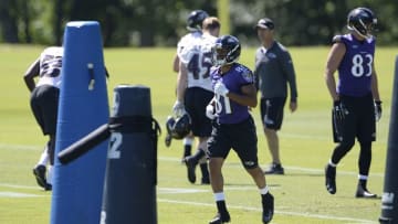 Jun 14, 2016; Baltimore, MD, USA; Baltimore Ravens wide receiver Keenan Reynolds (81) runs across the field during the first day of minicamp sessions at Under Armour Performance Center. Mandatory Credit: Tommy Gilligan-USA TODAY Sports