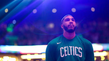 BOSTON, MA - JANUARY 18: Former Duke basketball star Jayson Tatum, now of the Boston Celtics, looks on during the national anthem before a game against the Phoenix Suns at TD Garden on January 18, 2020 in Boston, Massachusetts. NOTE TO USER: User expressly acknowledges and agrees that, by downloading and or using this photograph, User is consenting to the terms and conditions of the Getty Images License Agreement. (Photo by Adam Glanzman/Getty Images)