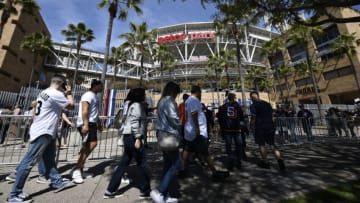 SAN DIEGO, CA - MARCH 28: San Diego Padres fans wait to enter before a game between the San Diego Padres and the San Francisco Giants on Opening Day at Petco Park March 28, 2019 in San Diego, California. (Photo by Denis Poroy/Getty Images)