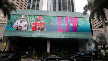 Super logos and branding were on full display at Super Bowl Live at Bayfront Park in Miami on Thursday, Jan. 23, 2020. The week-long, free to the public fan festival opens its doors on Saturday, Jan. 25, and will take over all six blocks of Bayfront Park, offering evening parades, fireworks, live performances, water shows, a culinary stage and more. (Mike Stocker/Sun Sentinel/Tribune News Service via Getty Images)