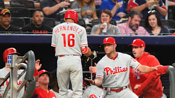 ATLANTA, GA - SEPTEMBER 21: Cesar Hernandez #16 of the Philadelphia Phillies is congratulated by Manager Gabe Kapler #22 after hitting a first inning solo home run against the Atlanta Braves at SunTrust Park on September 21, 2018 in Atlanta, Georgia. (Photo by Scott Cunningham/Getty Images)