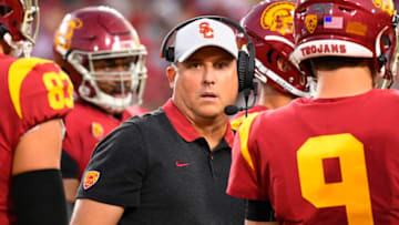 LOS ANGELES, CA - NOVEMBER 02: USC Trojans head coach Clay Helton looks on during a college football game between the Oregon Ducks and the USC Trojans on November 2, 2019, at Los Angeles Memorial Coliseum in Los Angeles, CA. (Photo by Brian Rothmuller/Icon Sportswire via Getty Images)