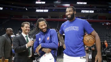 Detroit Pistons Derrick Rose and Andre Drummond share a laugh with Johnny Kane. (Photo by Brian Sevald/NBAE via Getty Images)