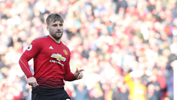 MANCHESTER, ENGLAND - MARCH 30: Luke Shaw of Manchester United in action during the Premier League match between Manchester United and Watford FC at Old Trafford on March 30, 2019 in Manchester, United Kingdom. (Photo by John Peters/Man Utd via Getty Images)