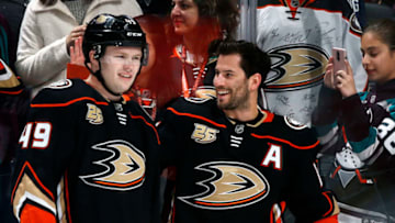 ANAHEIM, CA - APRIL 05: Max Jones #49 and Adam Henrique #14 of the Anaheim Ducks chat during warm-ups prior to the game against the Los Angeles Kings on April 5, 2019 at Honda Center in Anaheim, California. (Photo by Debora Robinson/NHLI via Getty Images)