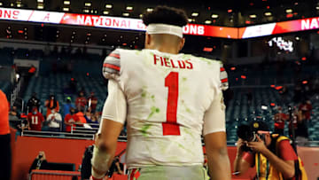 MIAMI GARDENS, FLORIDA - JANUARY 11: Justin Fields #1 of the Ohio State Buckeyes leaves the field following the College Football Playoff National Championship game against the Alabama Crimson Tide at Hard Rock Stadium on January 11, 2021 in Miami Gardens, Florida. (Photo by Mike Ehrmann/Getty Images)