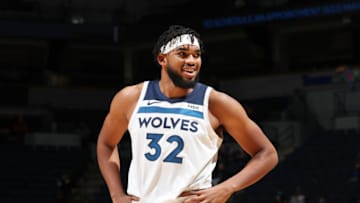 MINNEAPOLIS, MN - OCTOBER 13: Karl-Anthony Towns #32 of the Minnesota Timberwolves smiles during a pre-season game against Maccabi Haif. Copyright 2018 NBAE (Photo by Jordan Johnson/NBAE via Getty Images)