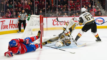MONTREAL, QC - JANUARY 18: Las Vegas Golden Knights goalie Marc-Andre Fleury (29) makes an acrobatic save over Montreal Canadiens left wing Ilya Kovalchuk (17) during the Las Vegas Golden Knights versus the Montreal Canadiens game on January 18, 2020, at Bell Centre in Montreal, QC (Photo by David Kirouac/Icon Sportswire via Getty Images)
