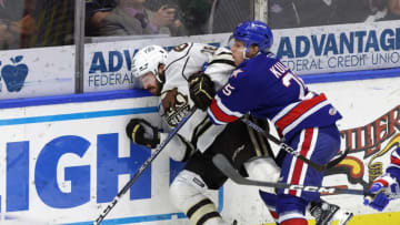 Amerks Jiri Kulich drives Hershey’s Garrett Pilon into the end boards.