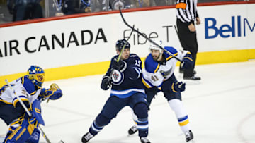 WINNIPEG, MB DECEMBER 17: Winnipeg Jets forward Matt Hendricks (15) jostles for position with St. Louis Blues defenseman Robert Bortuzzo (41) during the NHL game between the Winnipeg Jets and the St. Louis Blues on December 17, 2017 at the Bell MTS Place in Winnipeg MB. (Photo by Terrence Lee/Icon Sportswire via Getty Images)