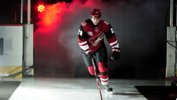 Oct 15, 2016; Glendale, AZ, USA; Arizona Coyotes center Dylan Strome (20) takes the ice to start the game against Philadelphia Flyers at Gila River Arena. Mandatory Credit: Matt Kartozian-USA TODAY Sports