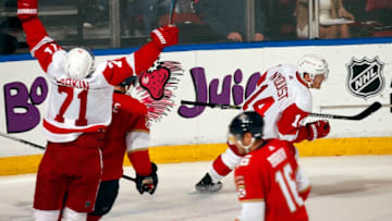SUNRISE, FL - OCTOBER 20: Gustav Nyquist #14 of the Detroit Red Wings celebrates his overtime goal with teammates for the win against the Florida Panthers at the BB&T Center on October 20, 2018 in Sunrise, Florida. (Photo by Eliot J. Schechter/NHLI via Getty Images)