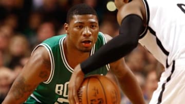 Oct 29, 2014; Boston, MA, USA; Boston Celtics guard Marcus Smart (36) defends against Brooklyn Nets guard Jarrett Jack (0) during the first quarter at TD Garden. Mandatory Credit: Winslow Townson-USA TODAY Sports