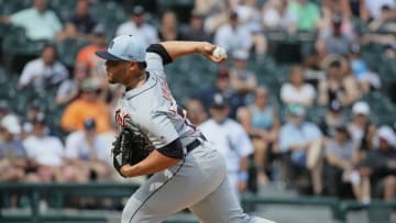 CHICAGO, IL - JUNE 17: Joe Jimenez #77 of the Detroit Tigers pitches for a save in the 9th inning against the Chicago White Sox at Guaranteed Rate Field on June 17, 2018 in Chicago, Illinois. The Tigers defeated the White Sox 3-1. (Photo by Jonathan Daniel/Getty Images)
