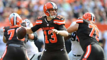 Sep 27, 2015; Cleveland, OH, USA; Cleveland Browns quarterback Josh McCown (13) Cleveland Browns guard Joel Bitonio (75) Cleveland Browns tackle Joe Thomas (73) at FirstEnergy Stadium. Mandatory Credit: Ken Blaze-USA TODAY Sports