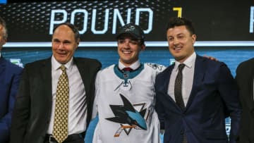 DALLAS, TX - JUNE 22: The San Jose Sharks draft Ryan Merkley in the first round of the 2018 NHL draft on June 22, 2018 at the American Airlines Center in Dallas, Texas. (Photo by Matthew Pearce/Icon Sportswire via Getty Images)