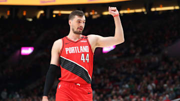 PORTLAND, OREGON - FEBRUARY 25: Mario Hezonja #44 of the Portland Trail Blazers reacts in the second quarter against the Boston Celtics during their game at Moda Center on February 25, 2020 in Portland, Oregon. NOTE TO USER: User expressly acknowledges and agrees that, by downloading and or using this photograph, User is consenting to the terms and conditions of the Getty Images License Agreement. (Photo by Abbie Parr/Getty Images)